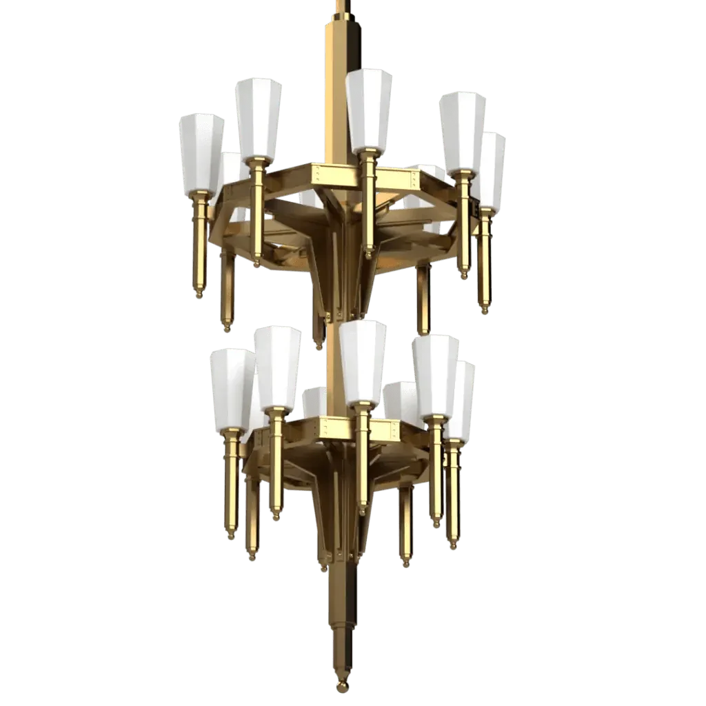 Two-tiered palladium ii chandelier in brass with white conical shades for elegant indoor lighting
