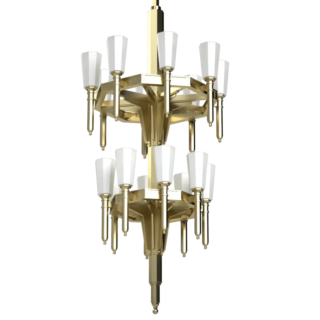 Palladium II chandelier featuring a two-tiered brass-colored frame with white tapered glass shades