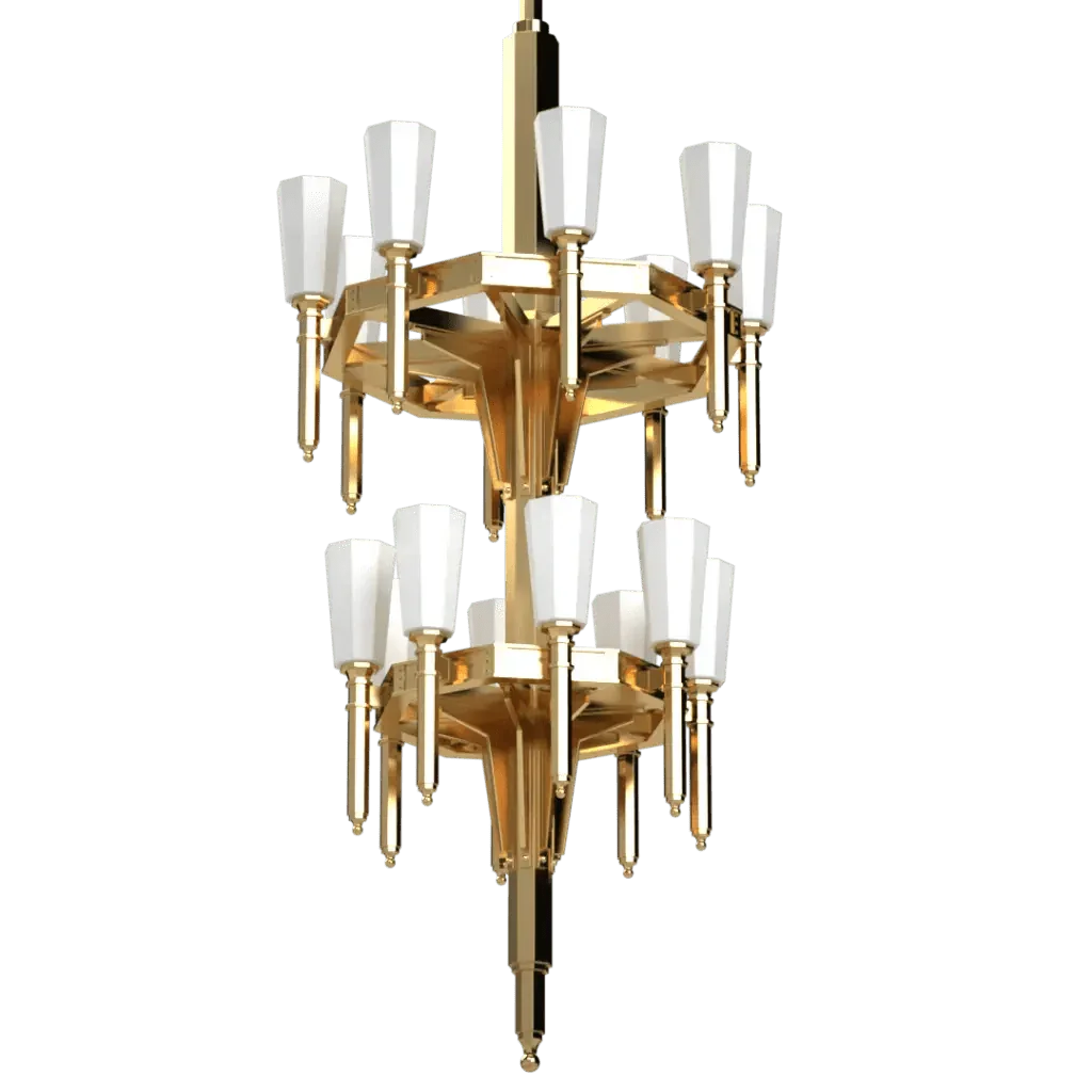 Two-tiered Palladium II chandelier in gold with white tapered glass shades for elegant lighting decor