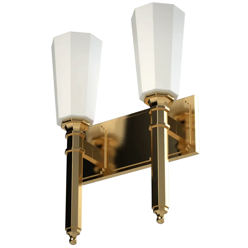 Palladium II sconce art deco style double wall sconce with white octagonal glass shades and polished brass metalwork