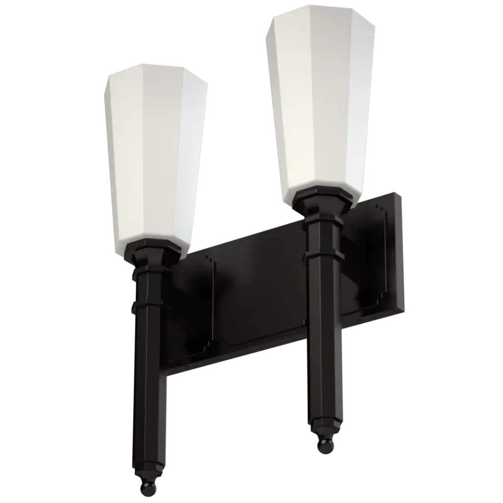 Black two-light outdoor wall lantern Palladium II sconce with faceted white glass shades for exterior lighting