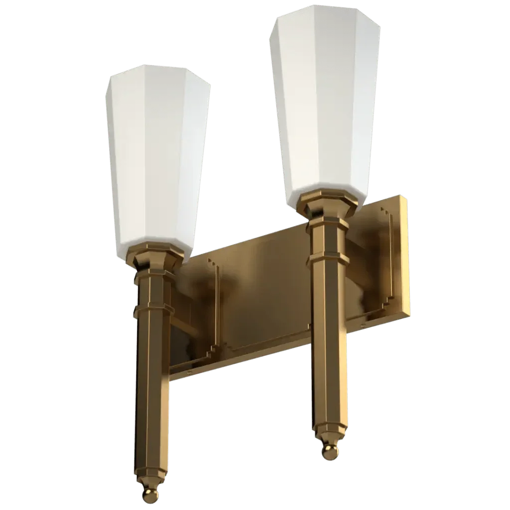 Brass Palladium II sconce with two white hexagonal shades for elegant wall lighting