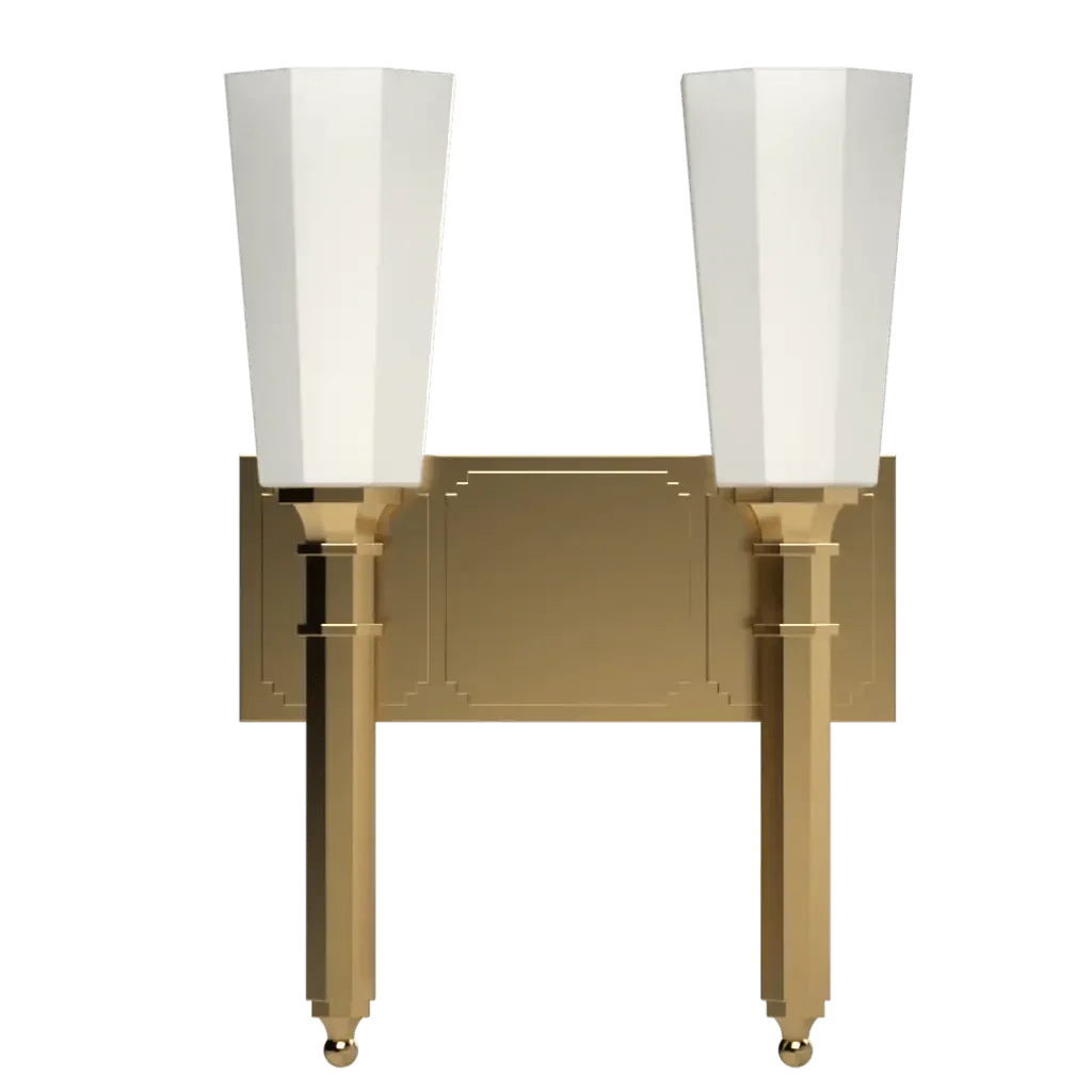 Palladium II sconce gold-finished double wall sconce with cream-colored tapered glass shades for elegant lighting
