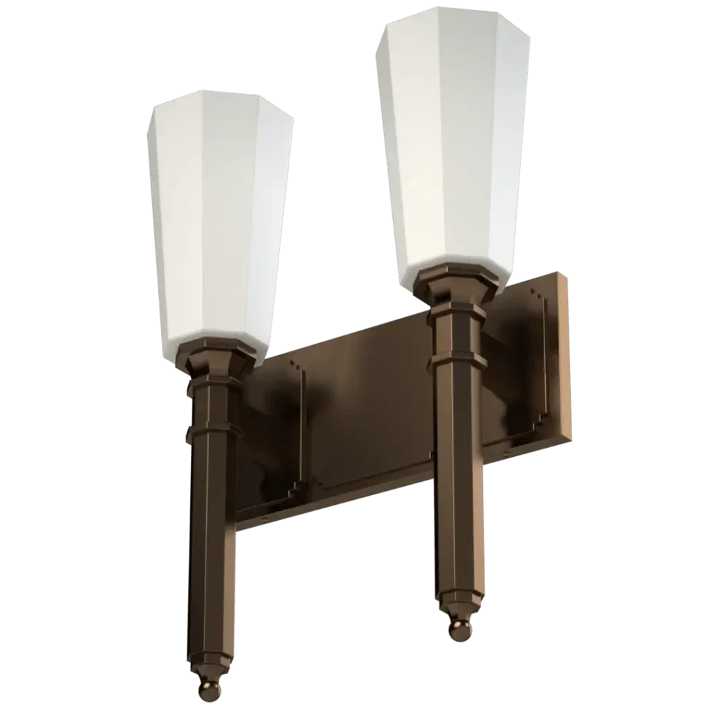 Palladium II sconce two-light indoor wall fixture with white polygonal shades and bronze finish