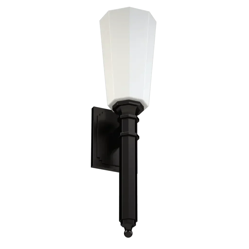 Black Palladium sconce outdoor wall light with a white conical glass shade and metal construction