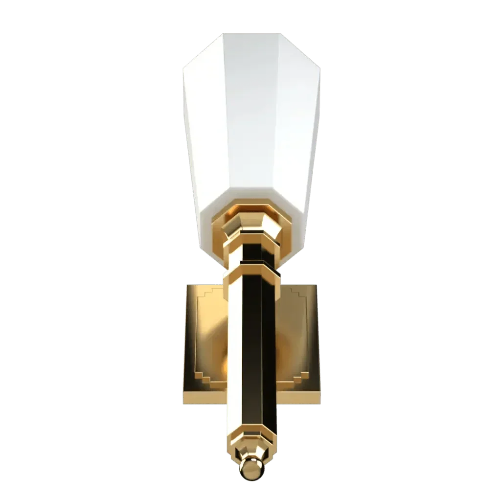 Palladium sconce featuring a gold and black metal frame with a white faceted glass shade wall light fixture