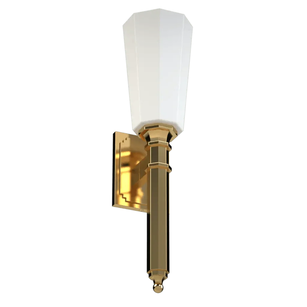 Palladium sconce wall-mounted light fixture with a golden metal base and white conical glass shade