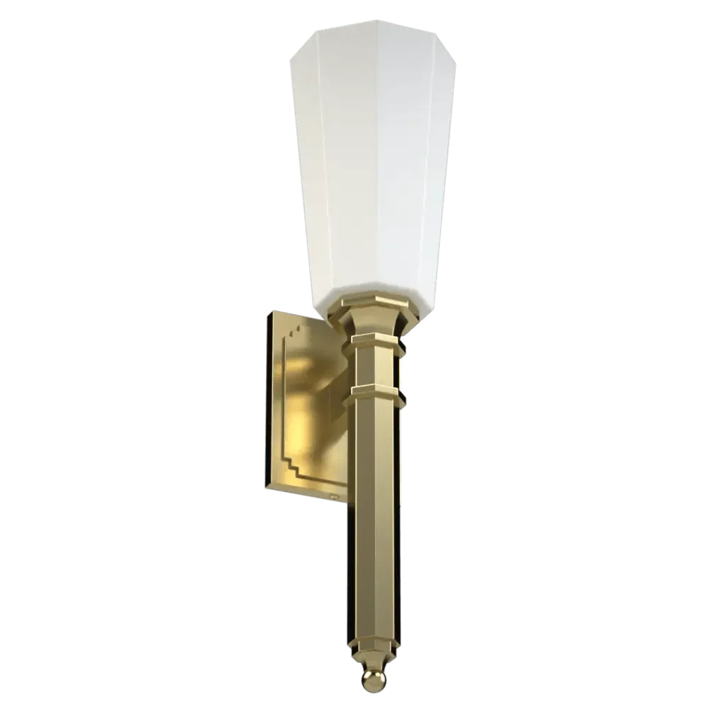 Gold palladium sconce wall light with a tapered white glass shade for elegant indoor lighting