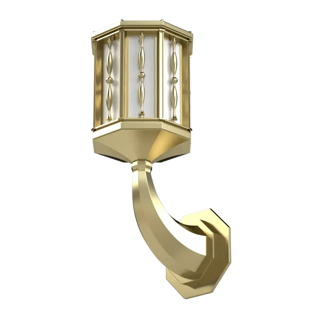Park View Arm Sconce - polished brass finish, three-quarter view with light on