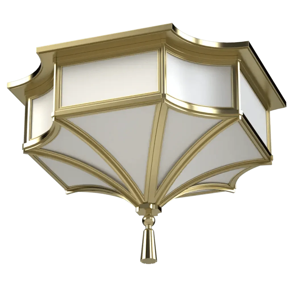 Park View Delux Flush Mount - polished brass finish, three-quarter view with light on