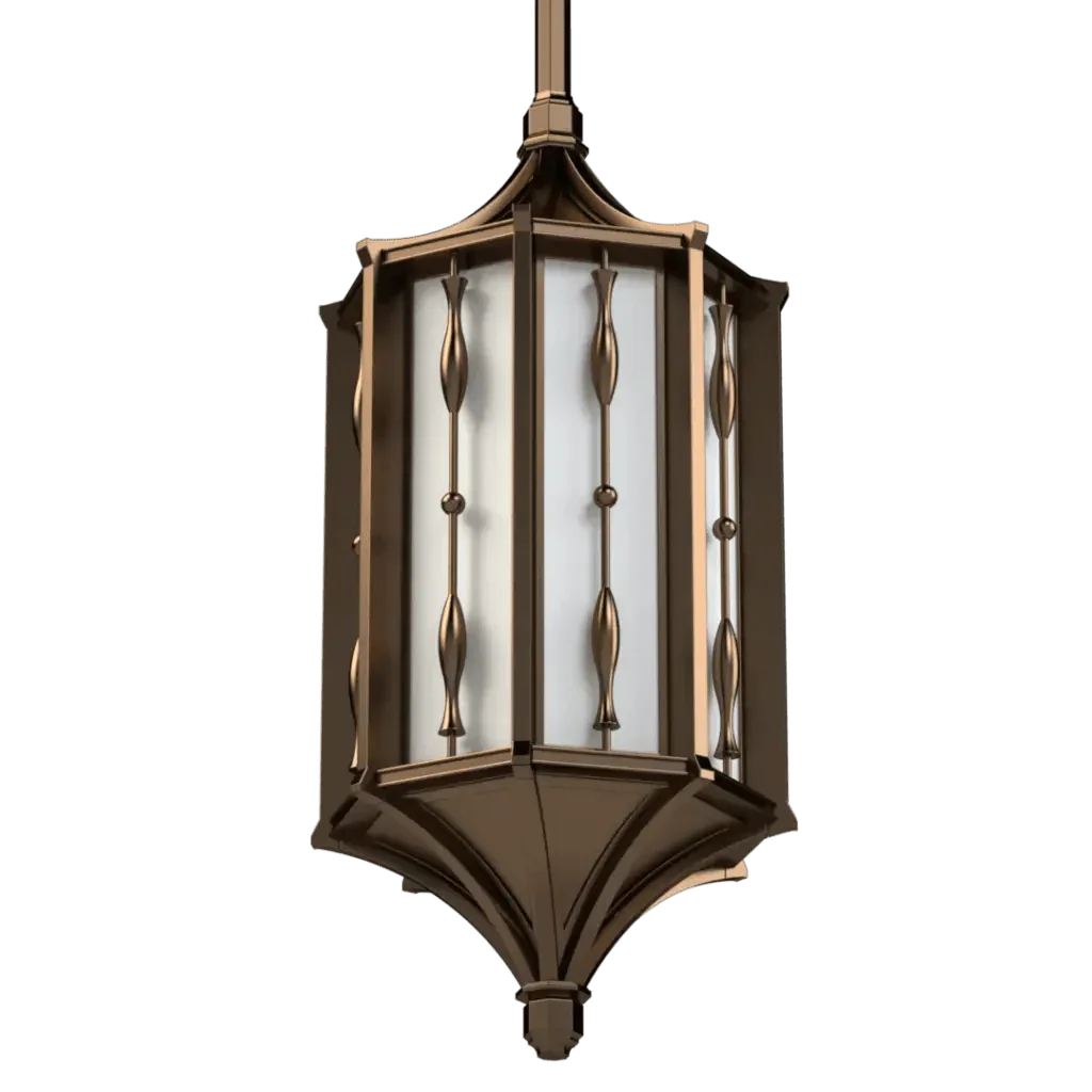 Bronze park view delux pendant outdoor hanging lantern with frosted glass panels and decorative vertical bars
