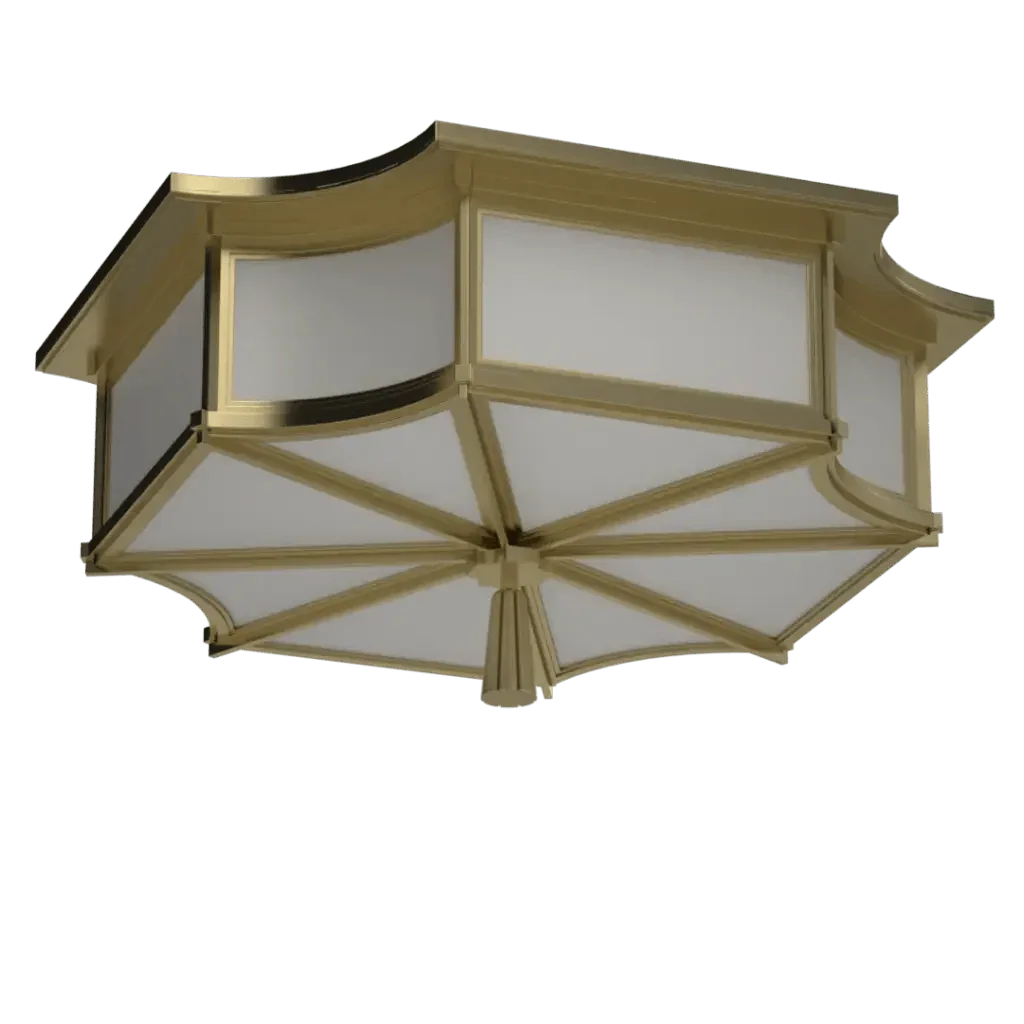 Park View Flush Mount - polished brass finish, three-quarter view with light on