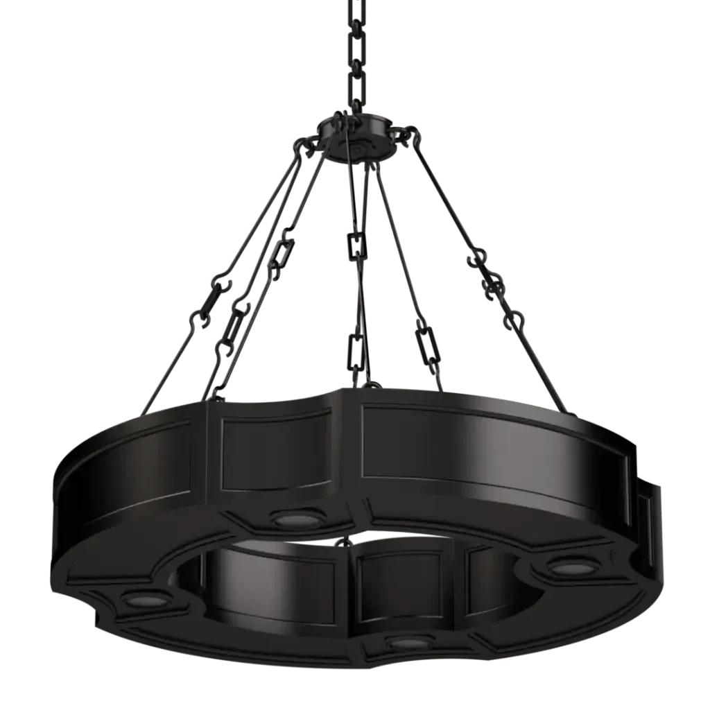Park View II pendant black metal circular chandelier with decorative paneling and multiple suspension chains