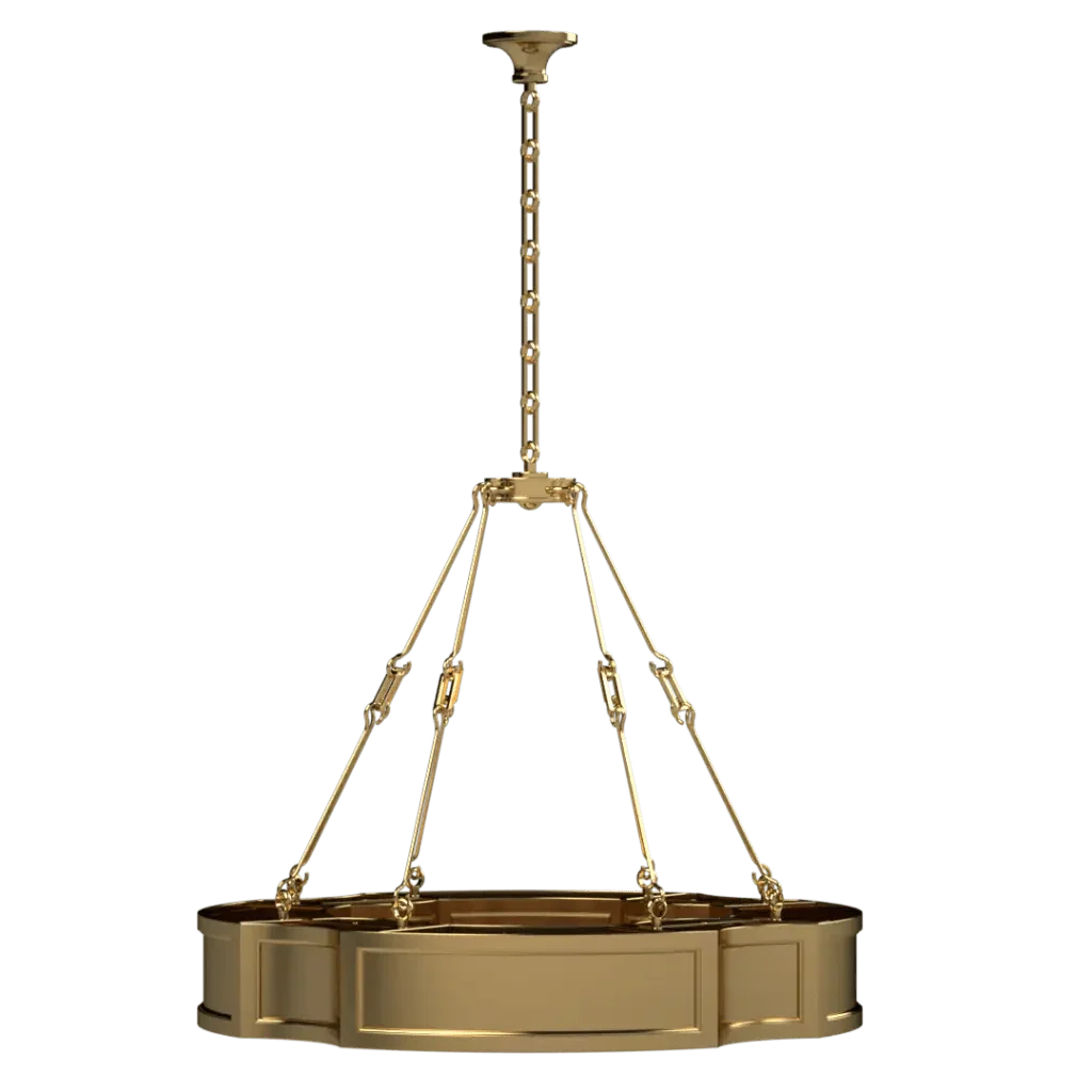 Park View II pendant brass-colored multi-paneled chandelier with hexagonal base for elegant interior lighting