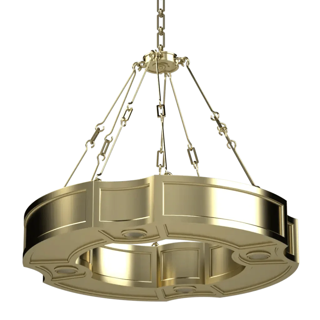 Golden circular park view ii pendant chandelier with tiered design and ornate detailing suspended by multiple chains