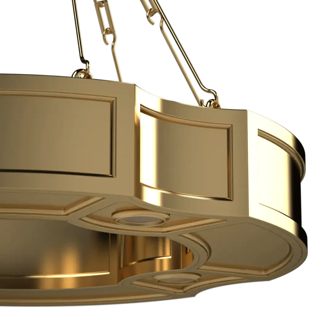 A golden ornate chandelier base with decorative chains for the park view ii pendant lighting fixture