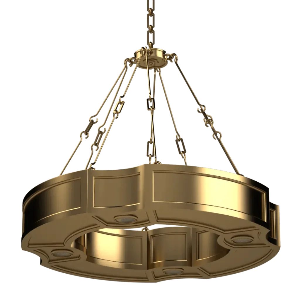 Park View II pendant round gold-colored chandelier with ornate detailing and multiple suspension chains