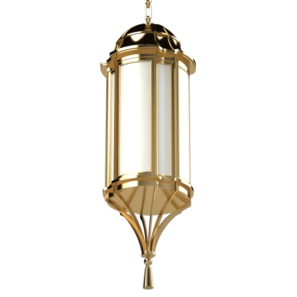 Park View Pendant - polished brass finish, three-quarter view with light on
