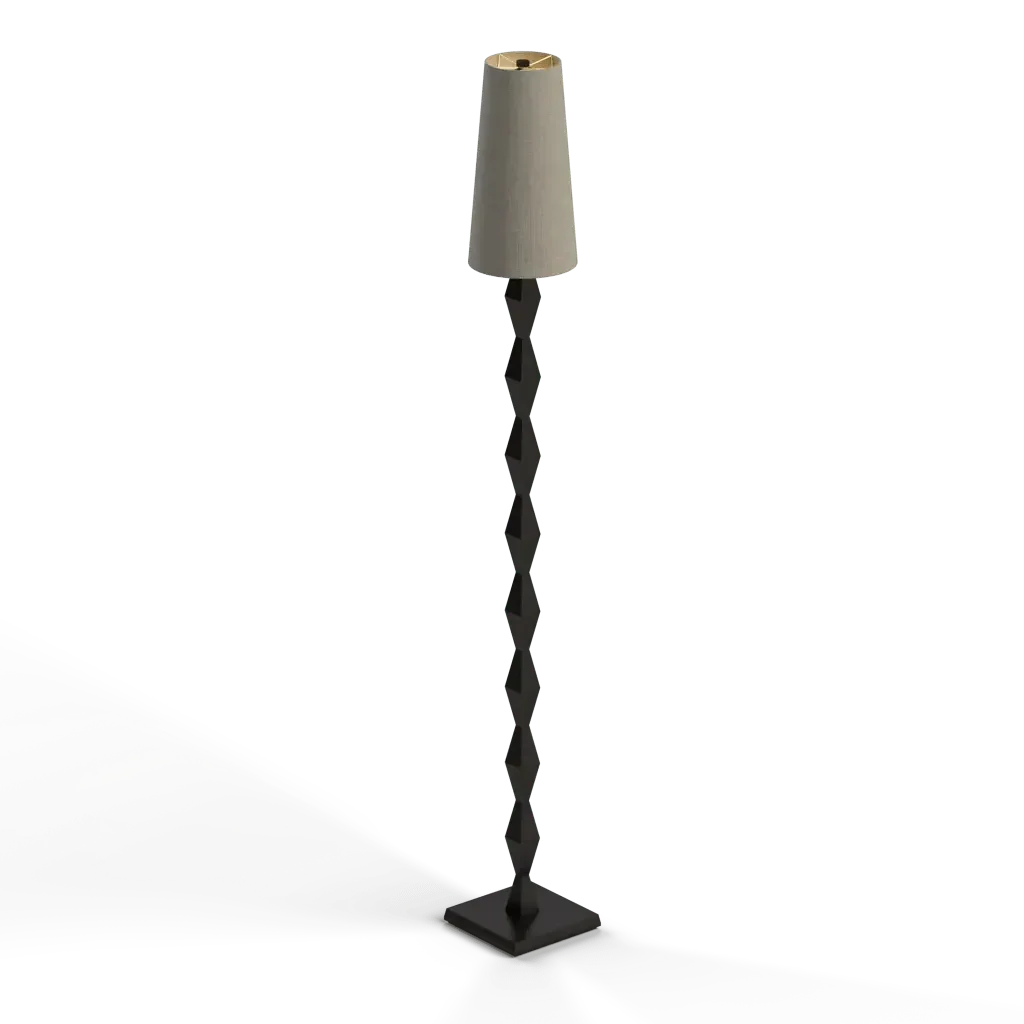 Pillar floor lamp with a beige conical light fixture and a golden rim designed for elegant indoor lighting