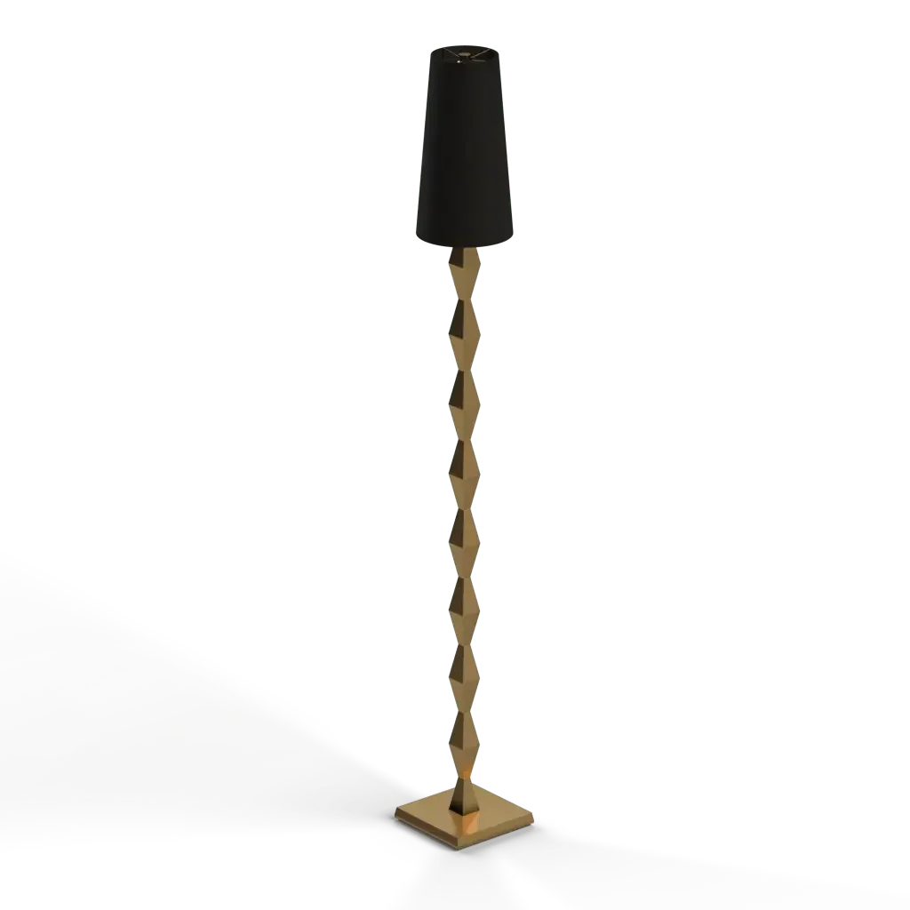 Pillar floor lamp with a black and gold zigzagging metal stem providing stylish ambient lighting