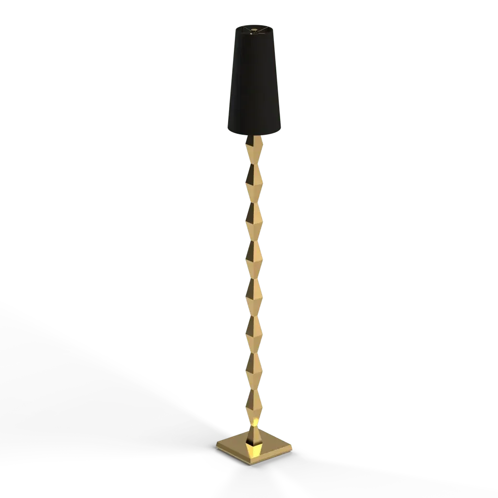 Pillar floor lamp with gold-colored stacked chevron stem and black cylindrical shade for elegant lighting
