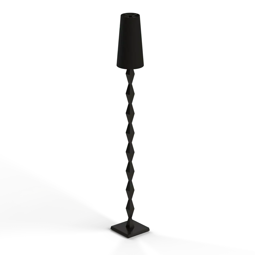 Dark gray spiral-fluted drill bit shown with pillar floor lamp highlighting tool and lighting accessories