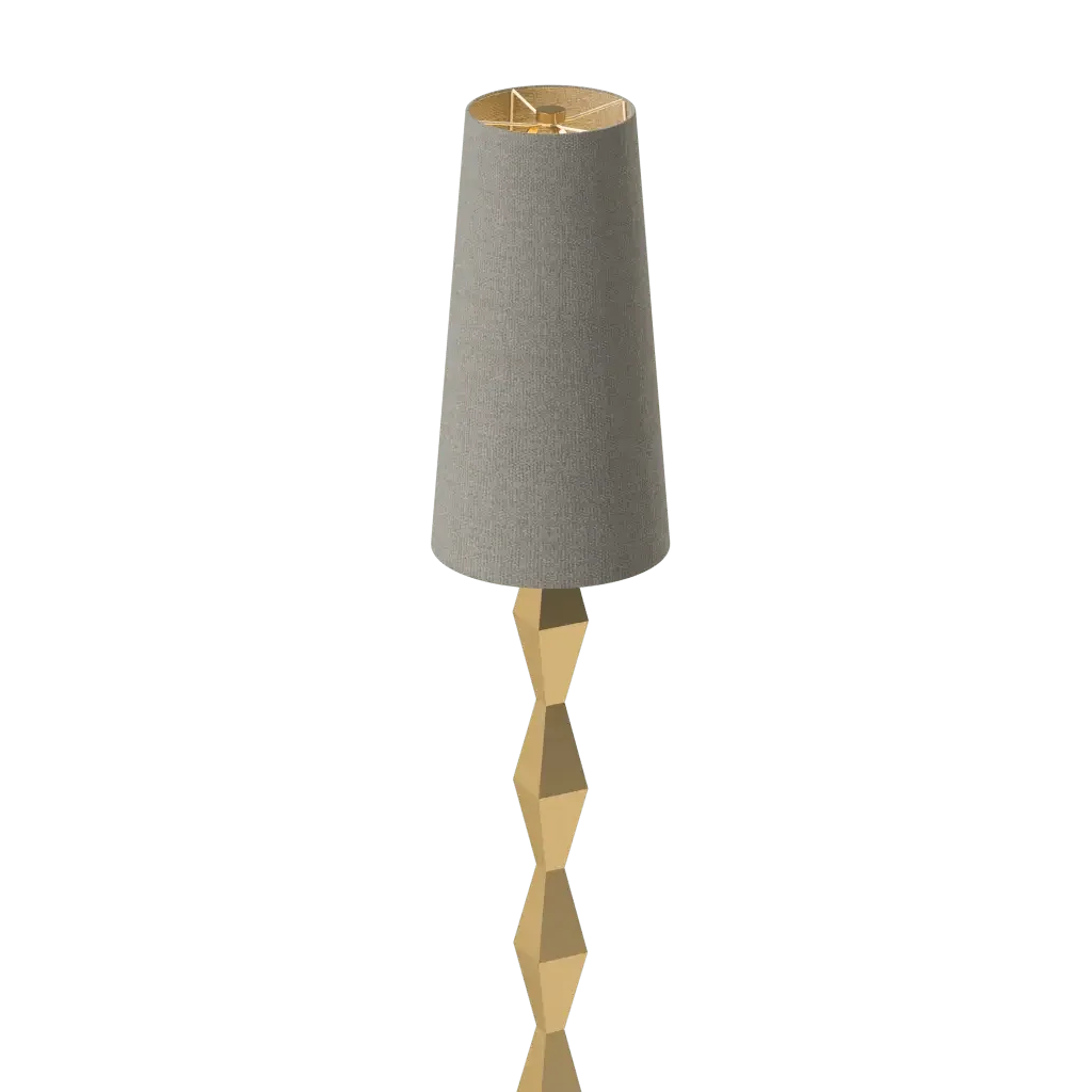 Pillar floor lamp with a gold geometric metal base and a grey conical fabric shade for modern lighting