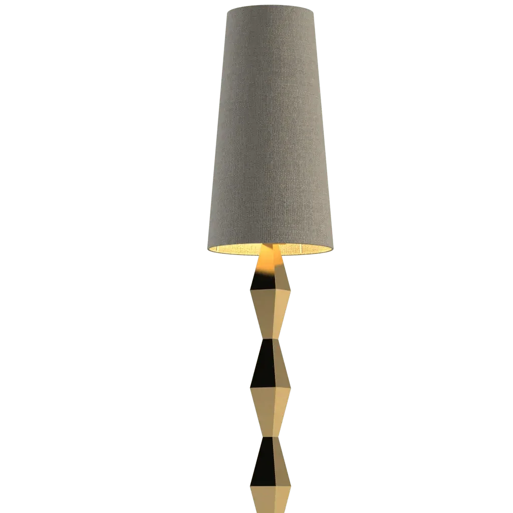 Pillar floor lamp with a tall gold and black geometric stacked base and a conical light gray fabric shade
