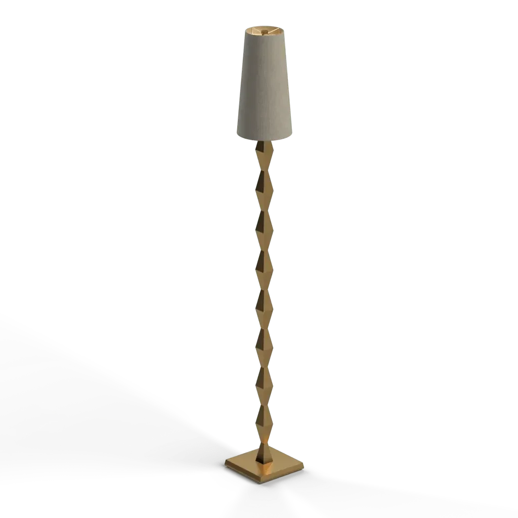 Pillar floor lamp with a beige conical shade and gold zigzag patterned metal stand for elegant lighting