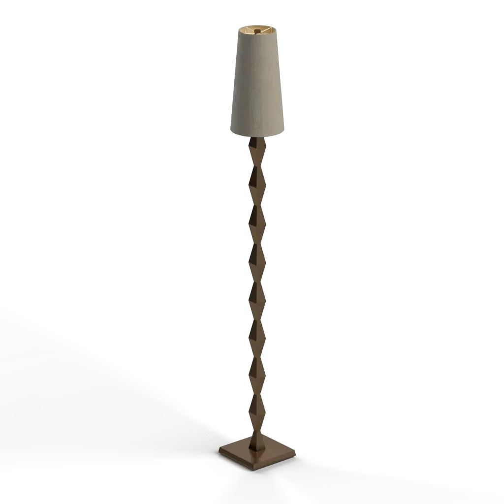 Pillar floor lamp with a tall slender design, beige conical fabric shade, and square metal base