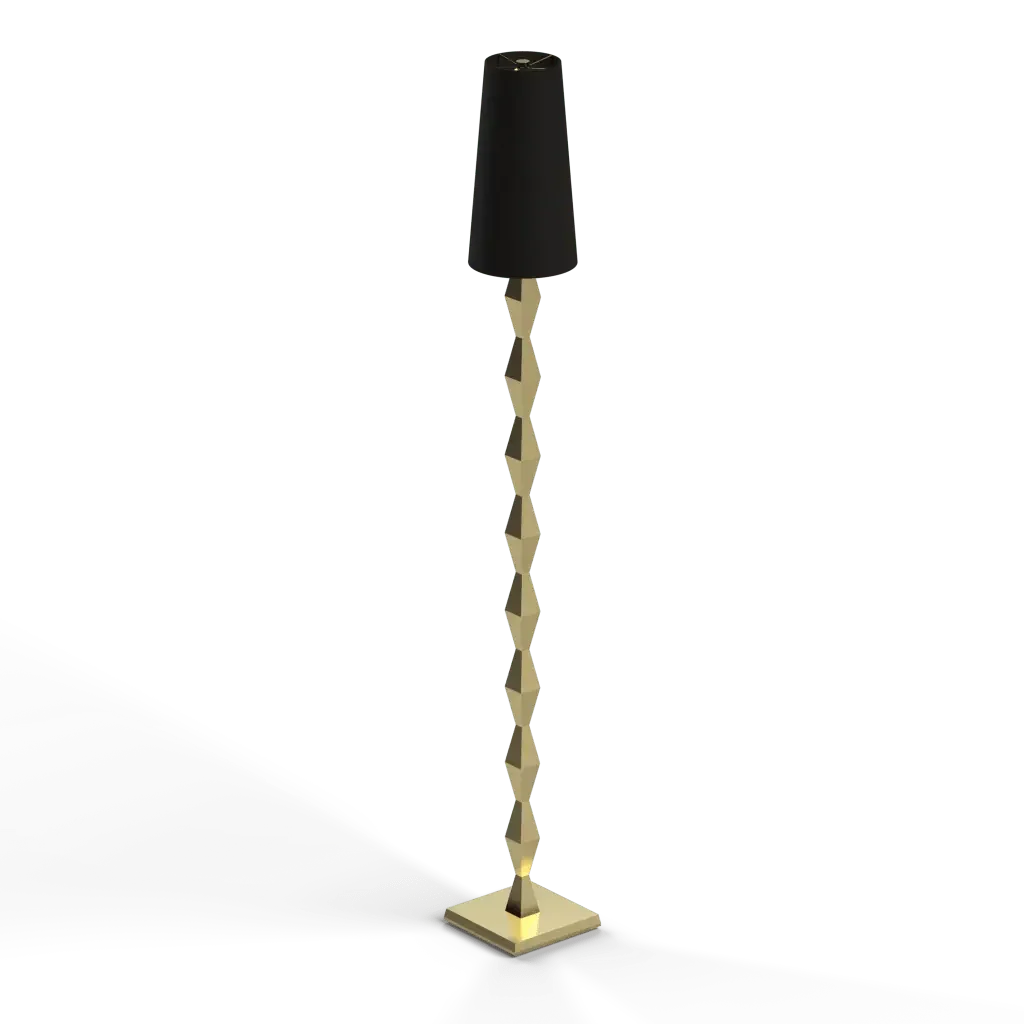 Pillar floor lamp with a slender gold zigzag metal stand and black cylindrical fabric shade for ambient lighting