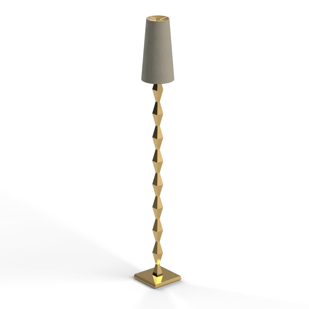 Pillar floor lamp with a tall gold-toned zig-zag patterned stem and a light gray conical shade