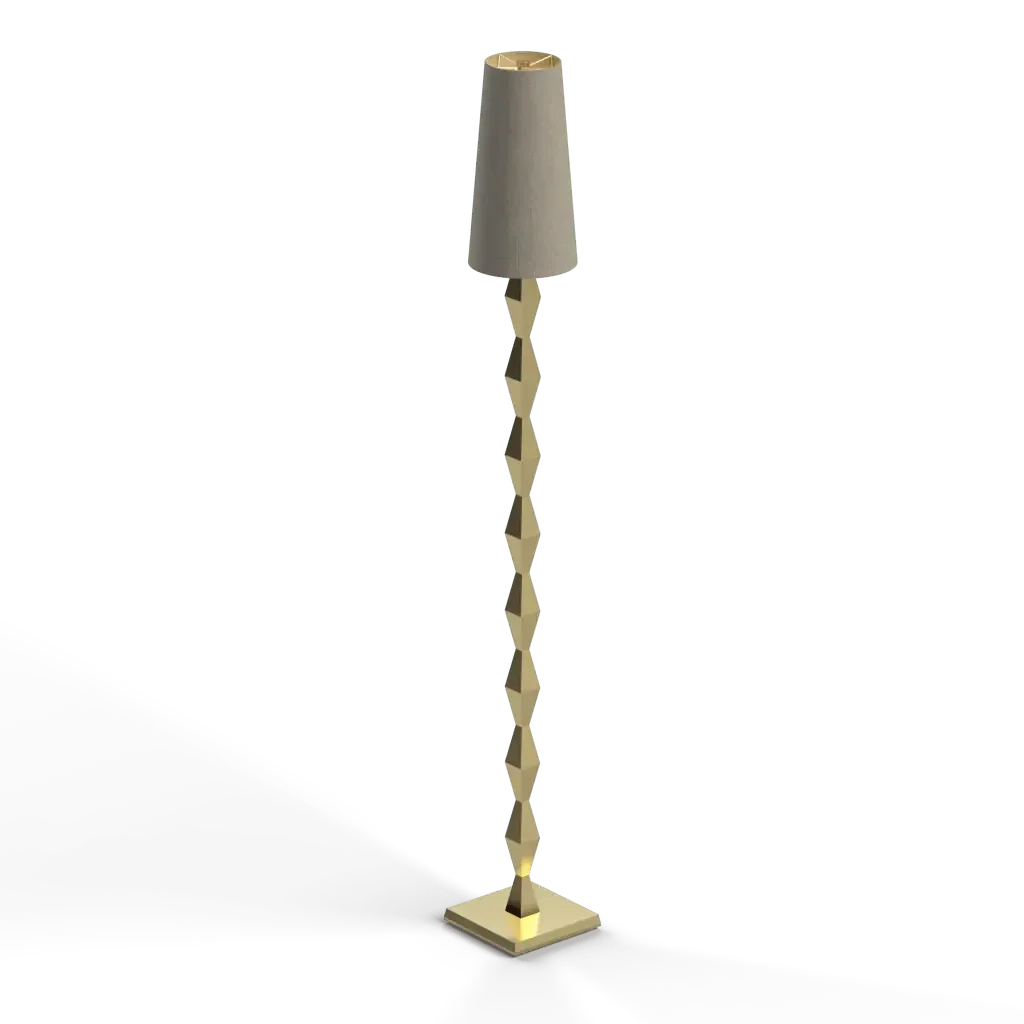 Pillar floor lamp with gold-toned decorative stem and beige tapered drum shade for elegant ambient lighting