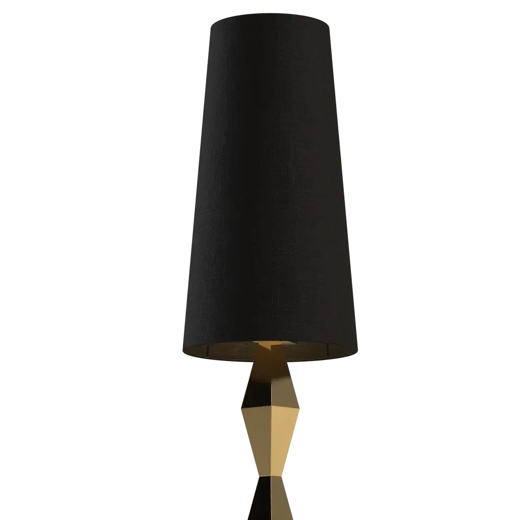 Pillar table lamp with a black conical lampshade and a gold and black geometric base for elegant lighting