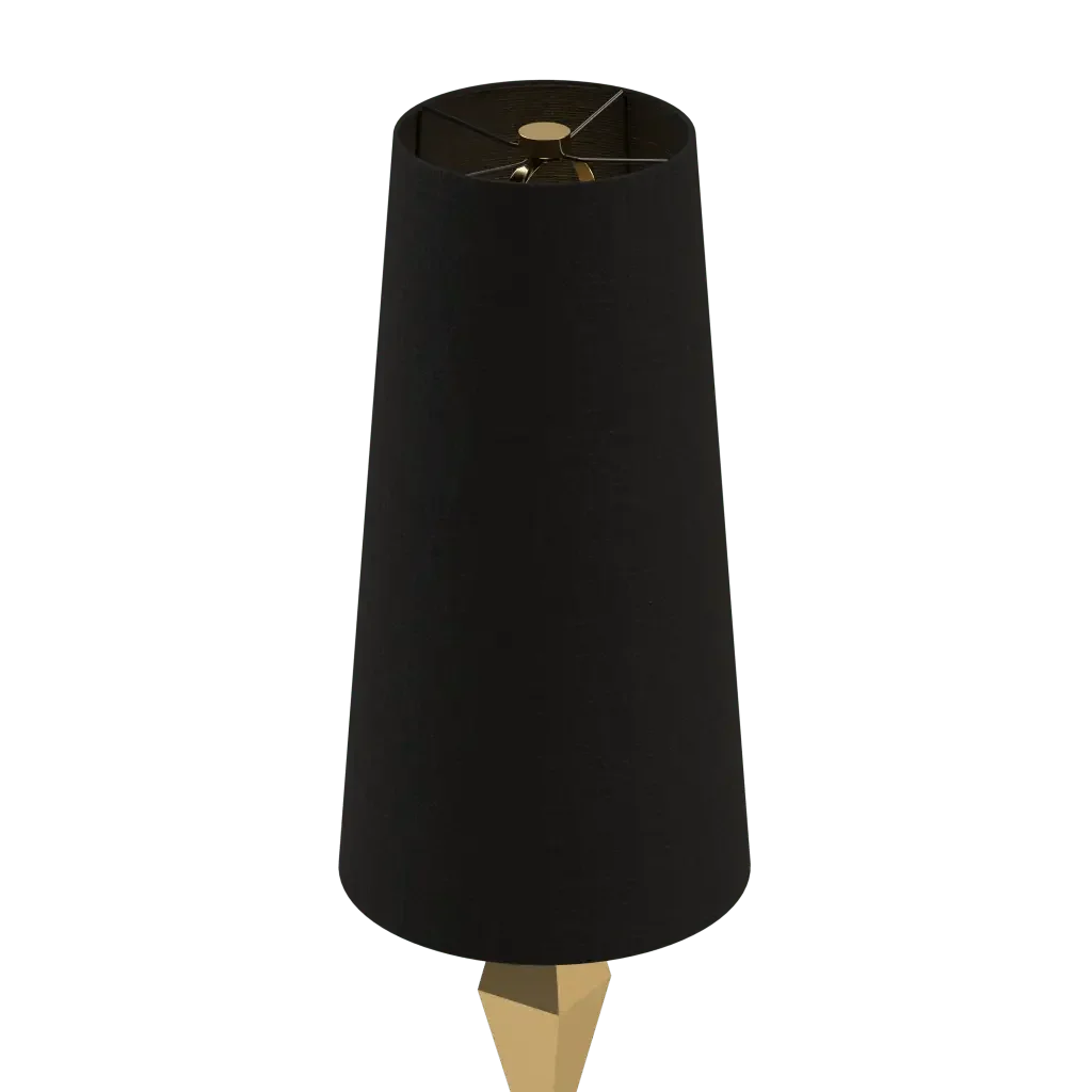 Pillar table lamp with a black fabric tapered drum lampshade and a gold-colored spider fitter