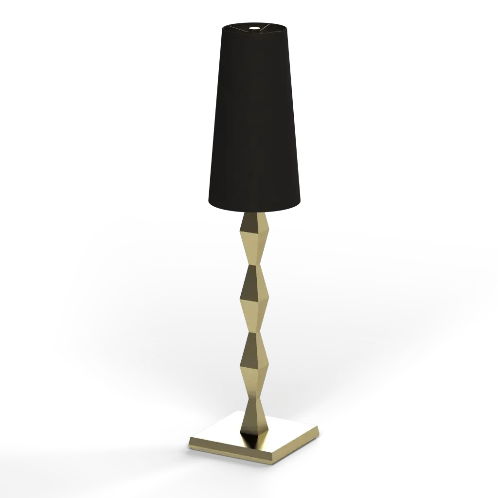 Pillar table lamp with a black lampshade and gold geometrically faceted metal stand for modern interiors