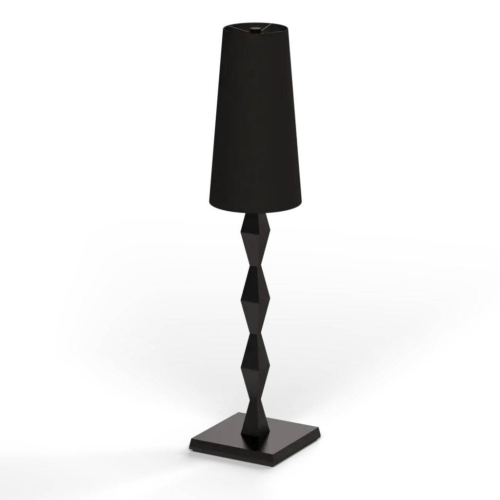 Pillar table lamp with a dark rectangular shade and a spiraling faceted base for stylish ambient lighting