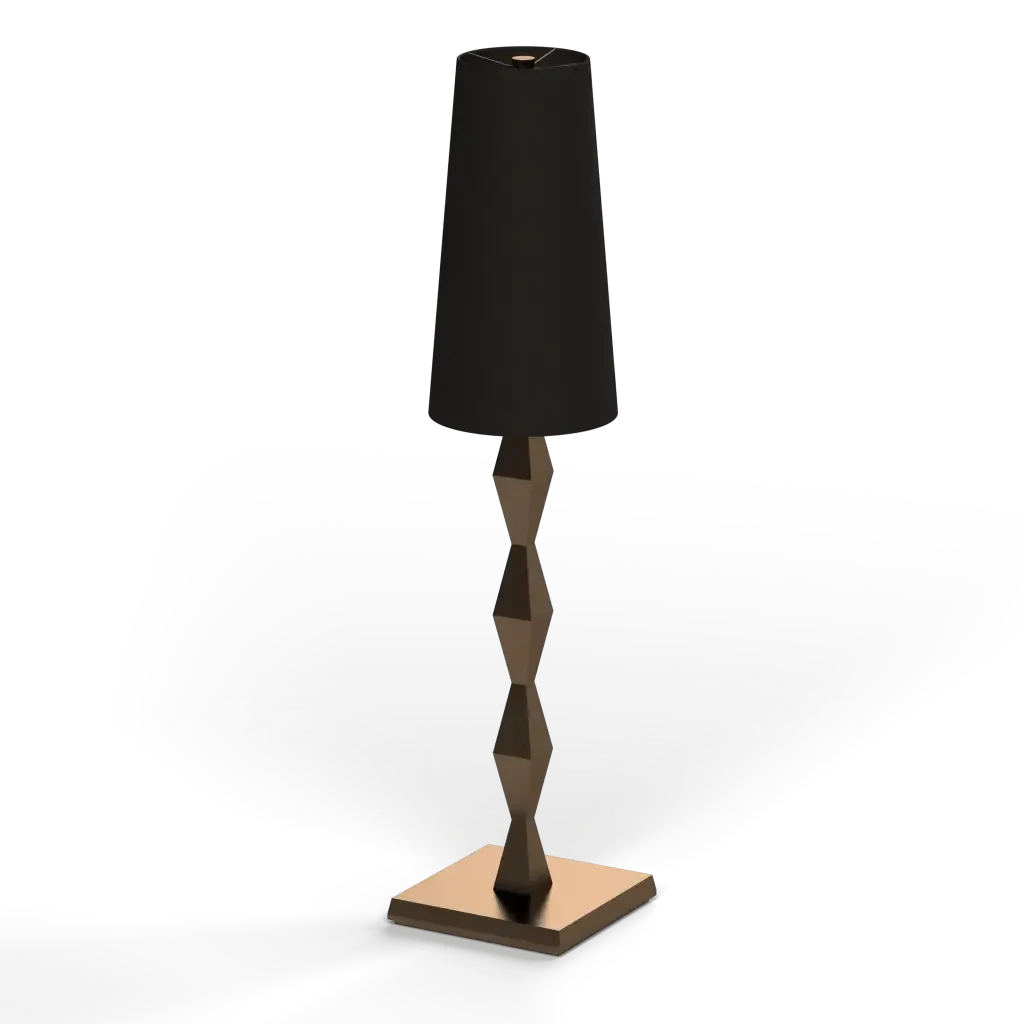 Pillar table lamp with a dark lampshade and a twisted gold metal base for elegant home lighting