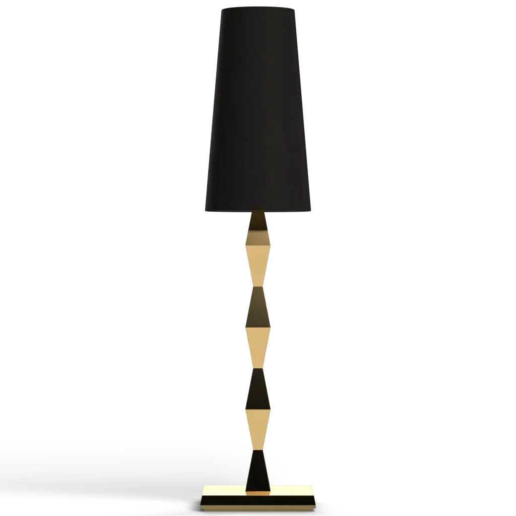 Pillar table lamp with a black tapered shade and a gold and black stacked geometric base for elegant lighting