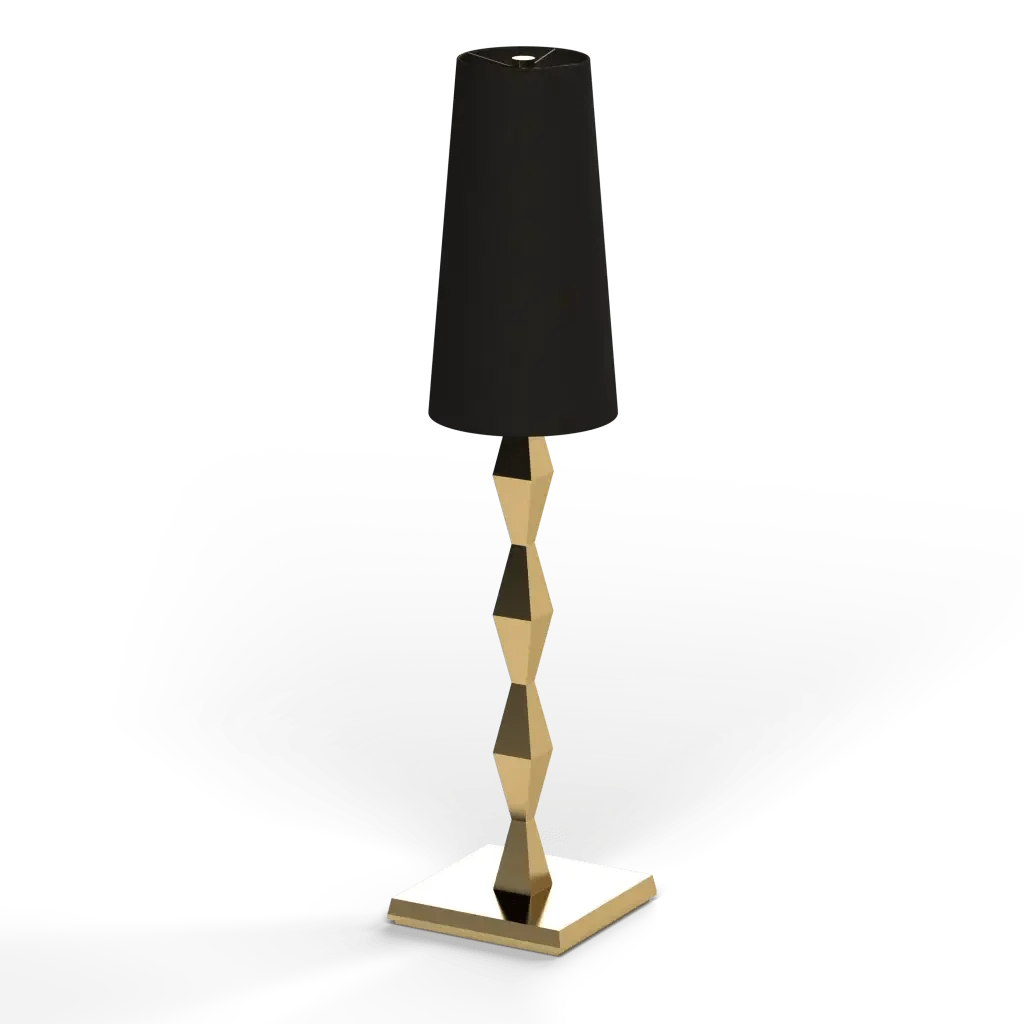 Pillar table lamp with a black rectangular shade and a gold twisted geometric metal base for modern decor