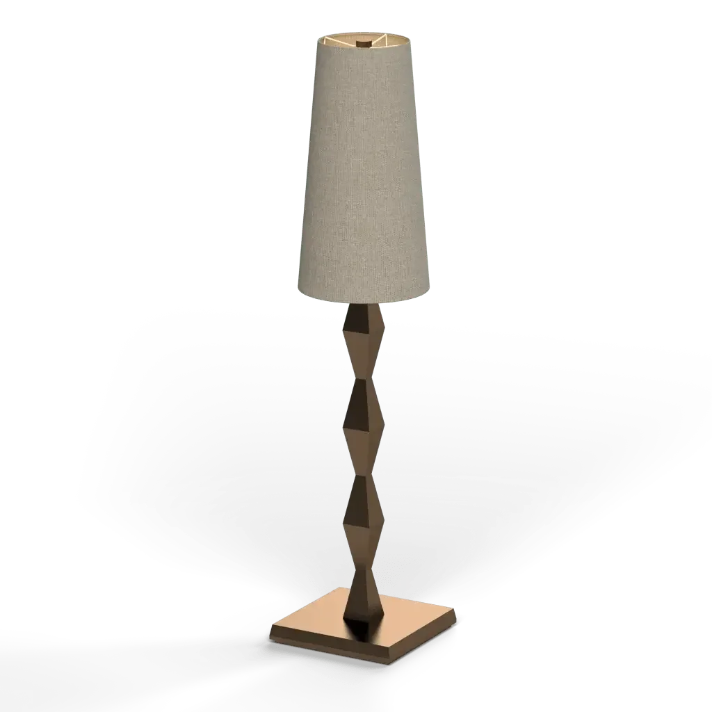 A modern pillar table lamp with a beige conical shade and a gold geometric metal base