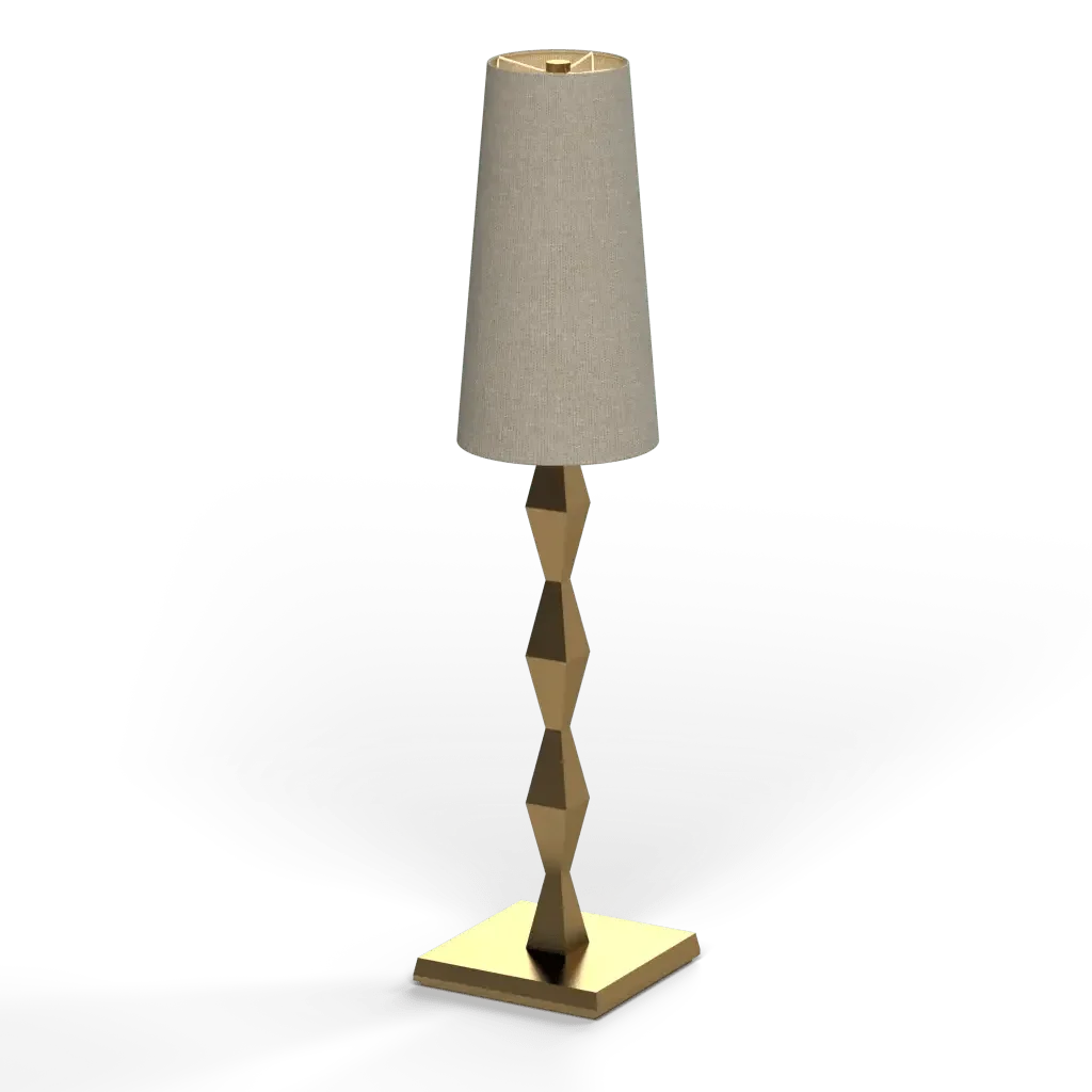 Pillar table lamp with beige conical shade and gold geometric segmented metal base for modern interior lighting