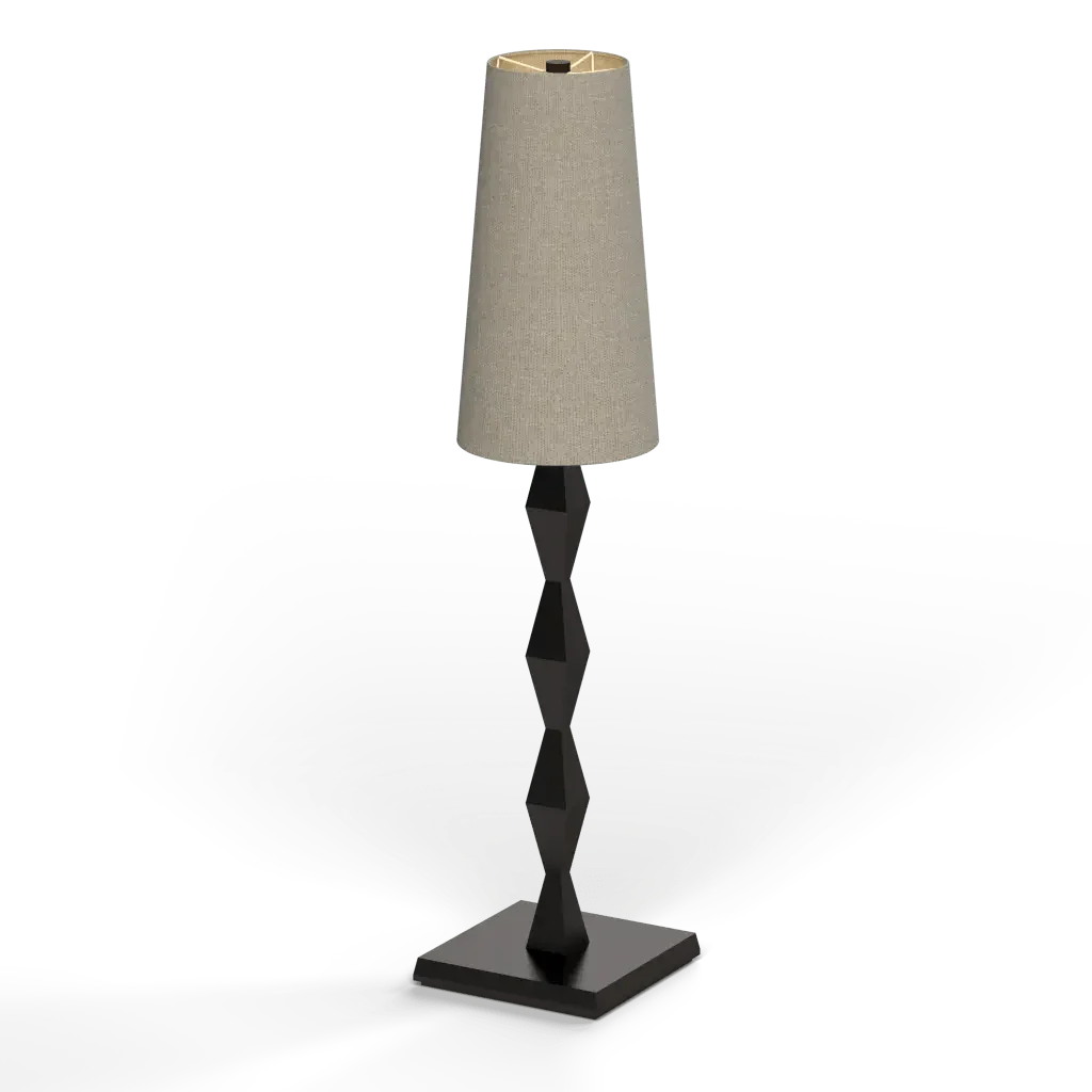 Pillar table lamp with a modern dark sculpted base and a textured conical shade for stylish indoor lighting