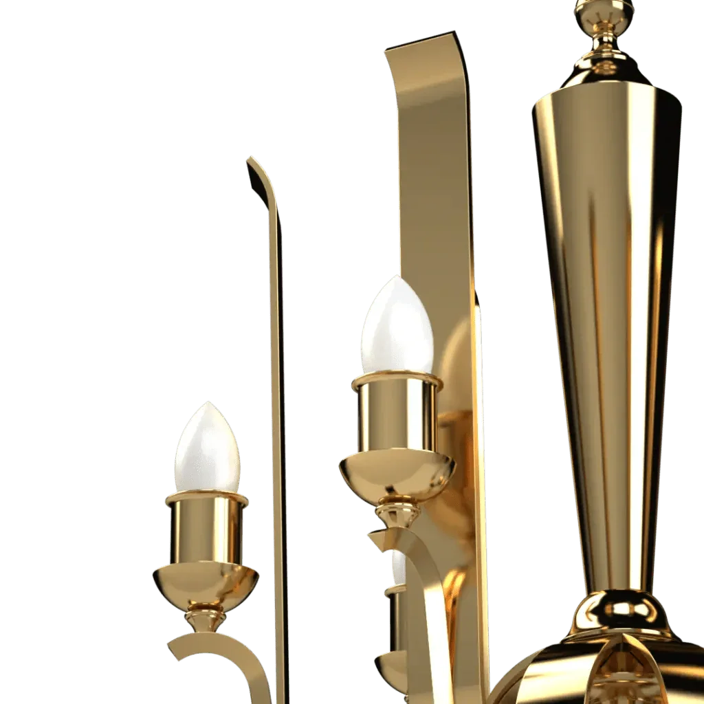 Pinnacle Chandelier - polished brass finish, angled view showing clear candle-style bulb sockets
