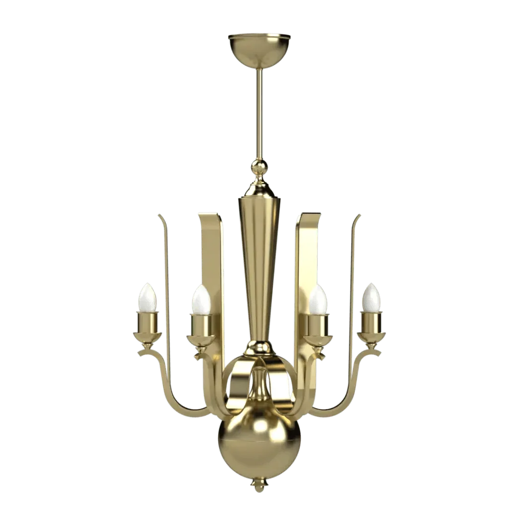 Pinnacle Chandelier - polished brass finish, side profile showing bowl-shaped ceiling canopy and slender suspension rod
