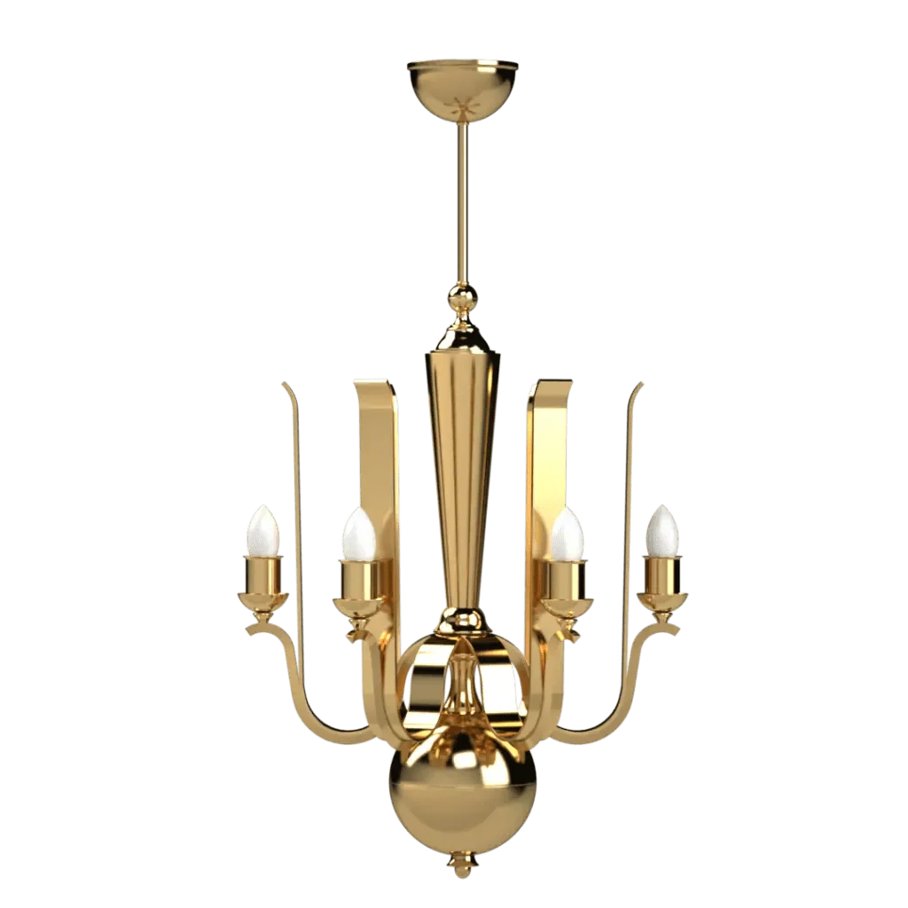 Pinnacle Chandelier - polished brass finish, front elevation showing faceted tapered central column with curved arms