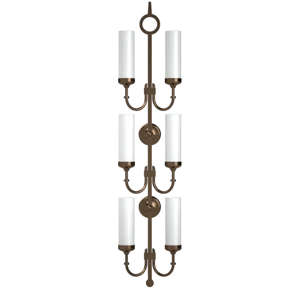 Bronze-finished pinnacle delux sconce wall light with six white cylindrical shades for indoor use