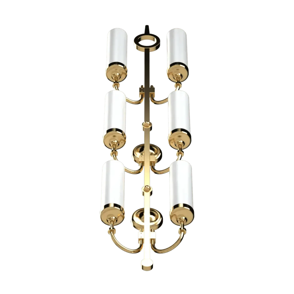 Pinnacle Delux sconce gold-colored chandelier with six white cylindrical shades for elegant indoor lighting