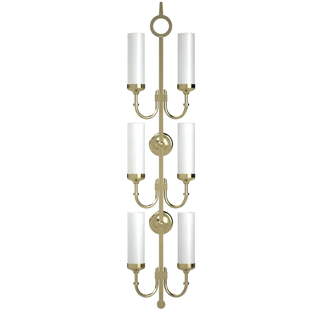 Gold metal Pinnacle Delux sconce with six white cylindrical glass shades for elegant wall lighting