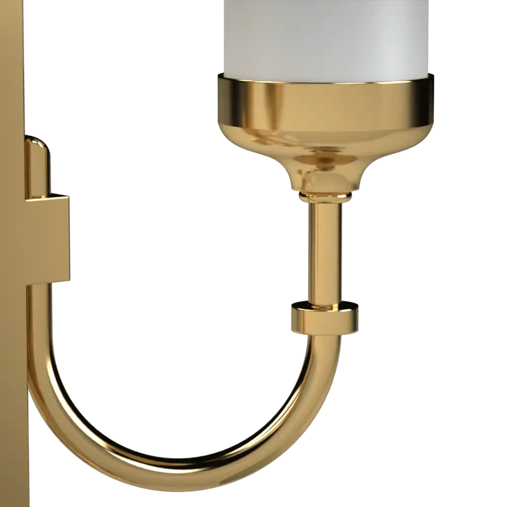 A polished brass Pinnacle Delux sconce wall light with a white cylindrical shade for indoor lighting